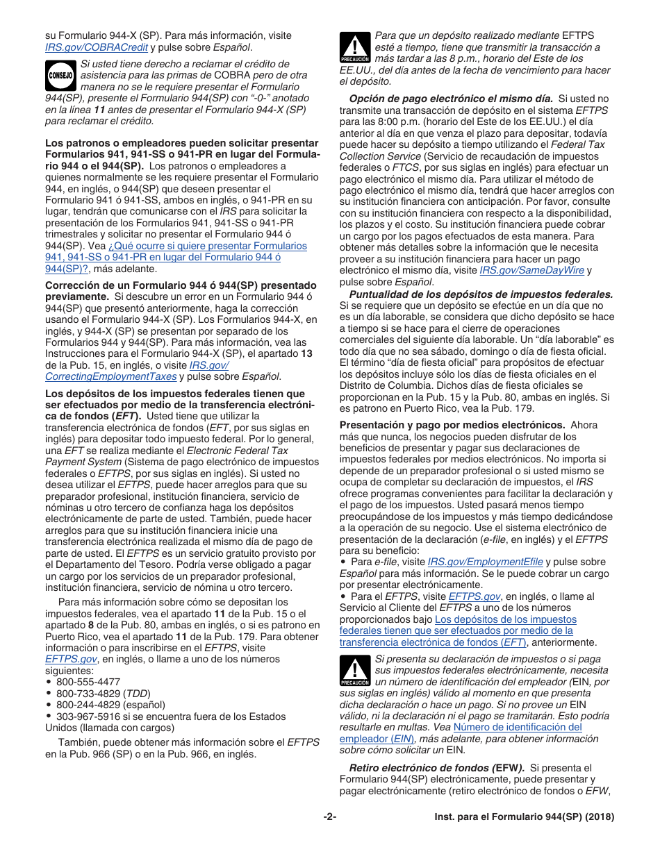 Instrucciones para IRS Formulario 944(SP) Declaracion Federal Anual De Impuestos Del Patrono O Empleador (Spanish), Page 2