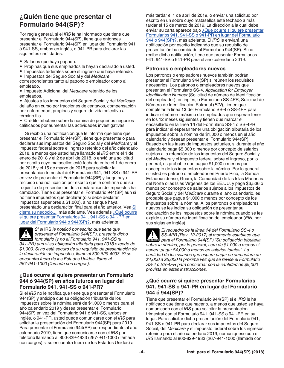 Instrucciones para IRS Formulario 944(SP) Declaracion Federal Anual De Impuestos Del Patrono O Empleador (Spanish), Page 4
