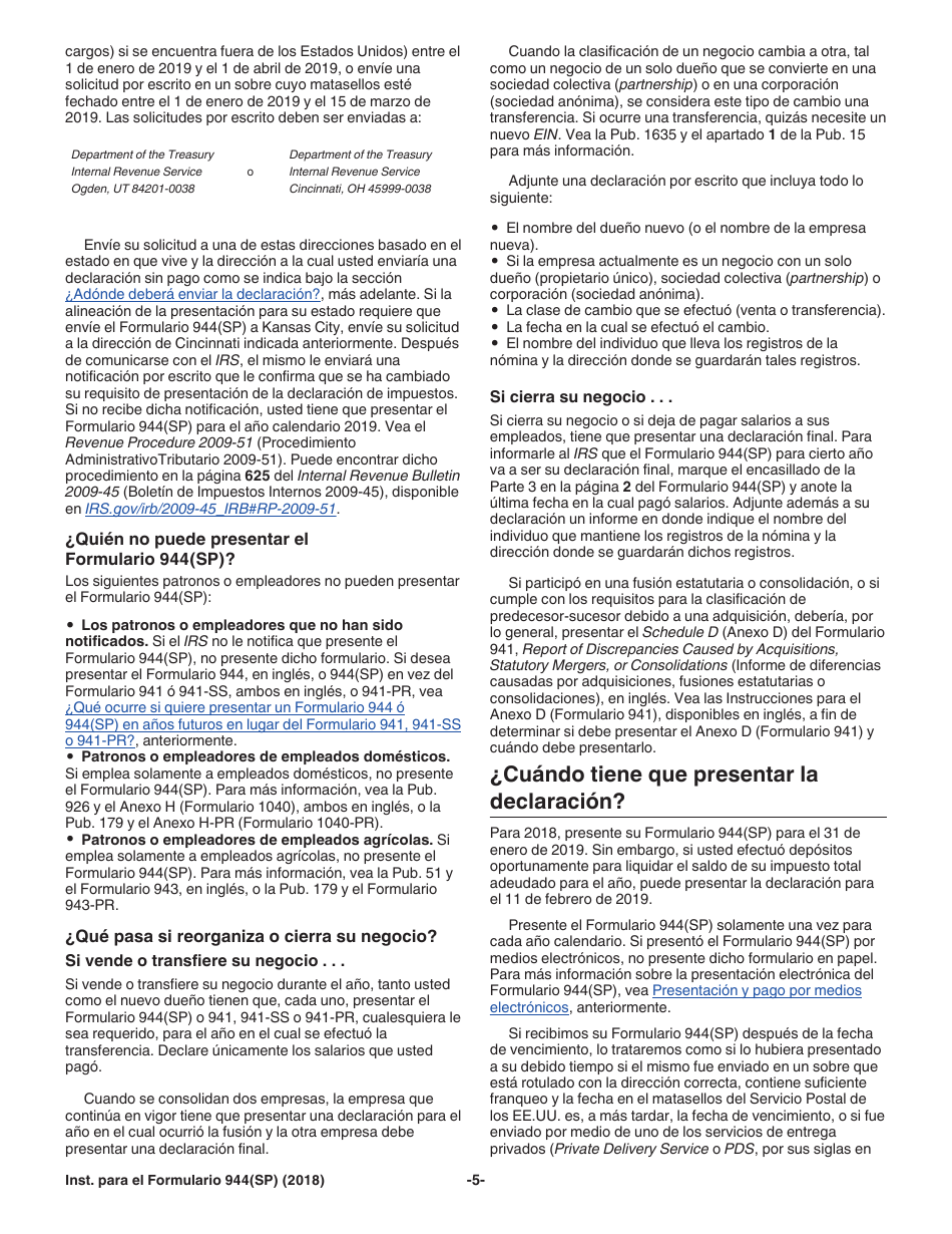 Instrucciones para IRS Formulario 944(SP) Declaracion Federal Anual De Impuestos Del Patrono O Empleador (Spanish), Page 5