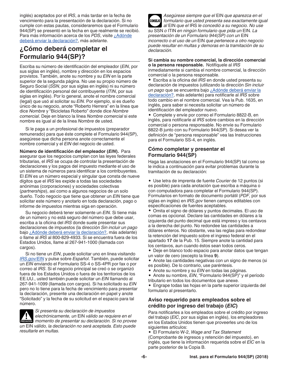 Instrucciones para IRS Formulario 944(SP) Declaracion Federal Anual De Impuestos Del Patrono O Empleador (Spanish), Page 6
