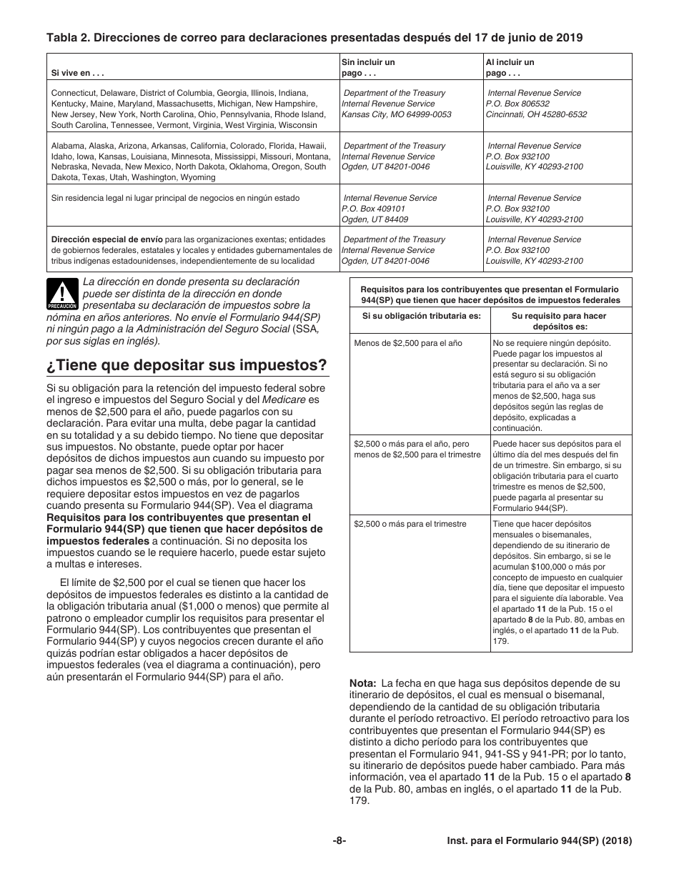 Instrucciones para IRS Formulario 944(SP) Declaracion Federal Anual De Impuestos Del Patrono O Empleador (Spanish), Page 8