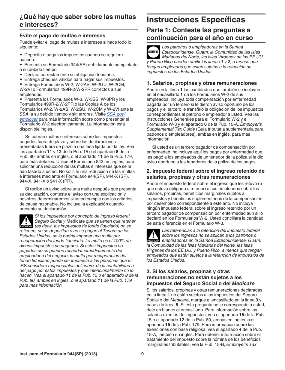 Instrucciones para IRS Formulario 944(SP) Declaracion Federal Anual De Impuestos Del Patrono O Empleador (Spanish), Page 9