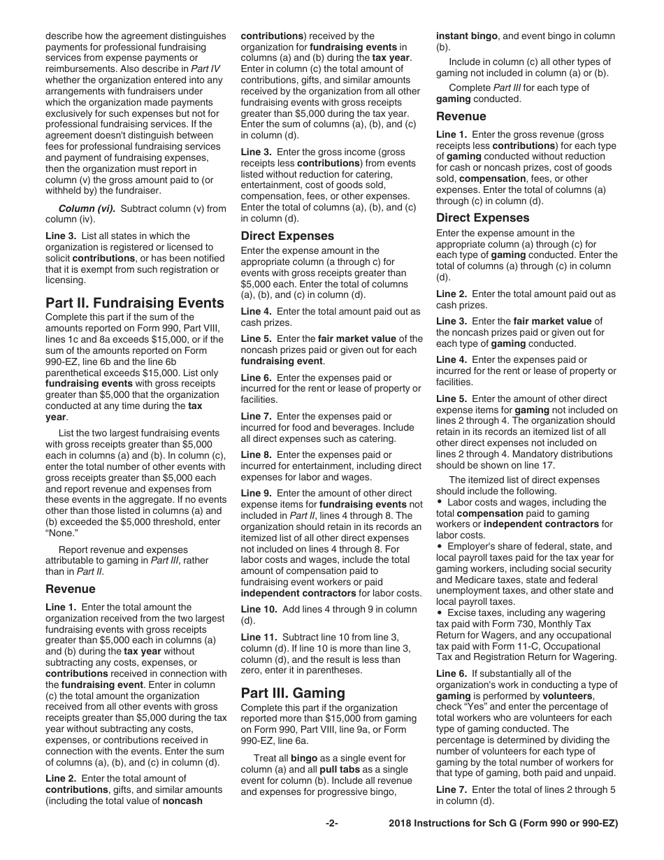 Instructions for IRS Form 990, 990-EZ Schedule G Supplemental Information Regarding Fundraising or Gaming Activities, Page 2