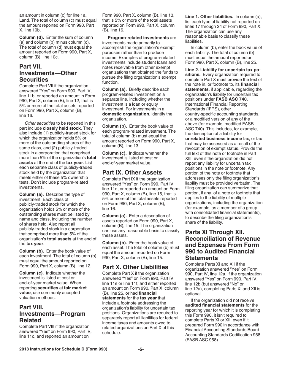 Instructions for IRS Form 990 Schedule D Supplemental Financial Statements, Page 5