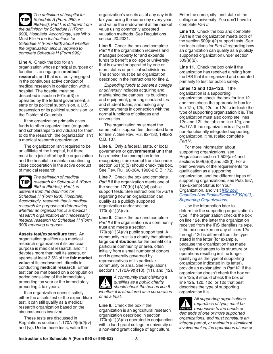 Instructions for IRS Form 990, 990-EZ Schedule A Public Charity Status and Public Support, Page 3