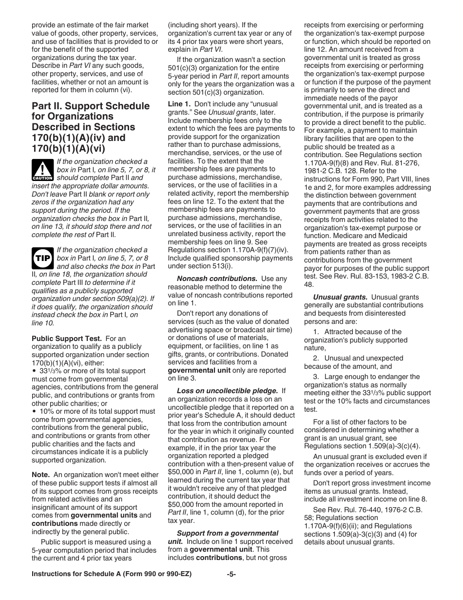 Instructions for IRS Form 990, 990-EZ Schedule A Public Charity Status and Public Support, Page 5