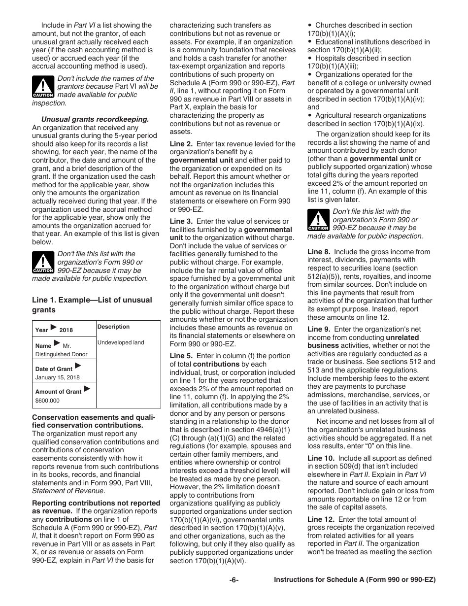 Instructions for IRS Form 990, 990-EZ Schedule A Public Charity Status and Public Support, Page 6
