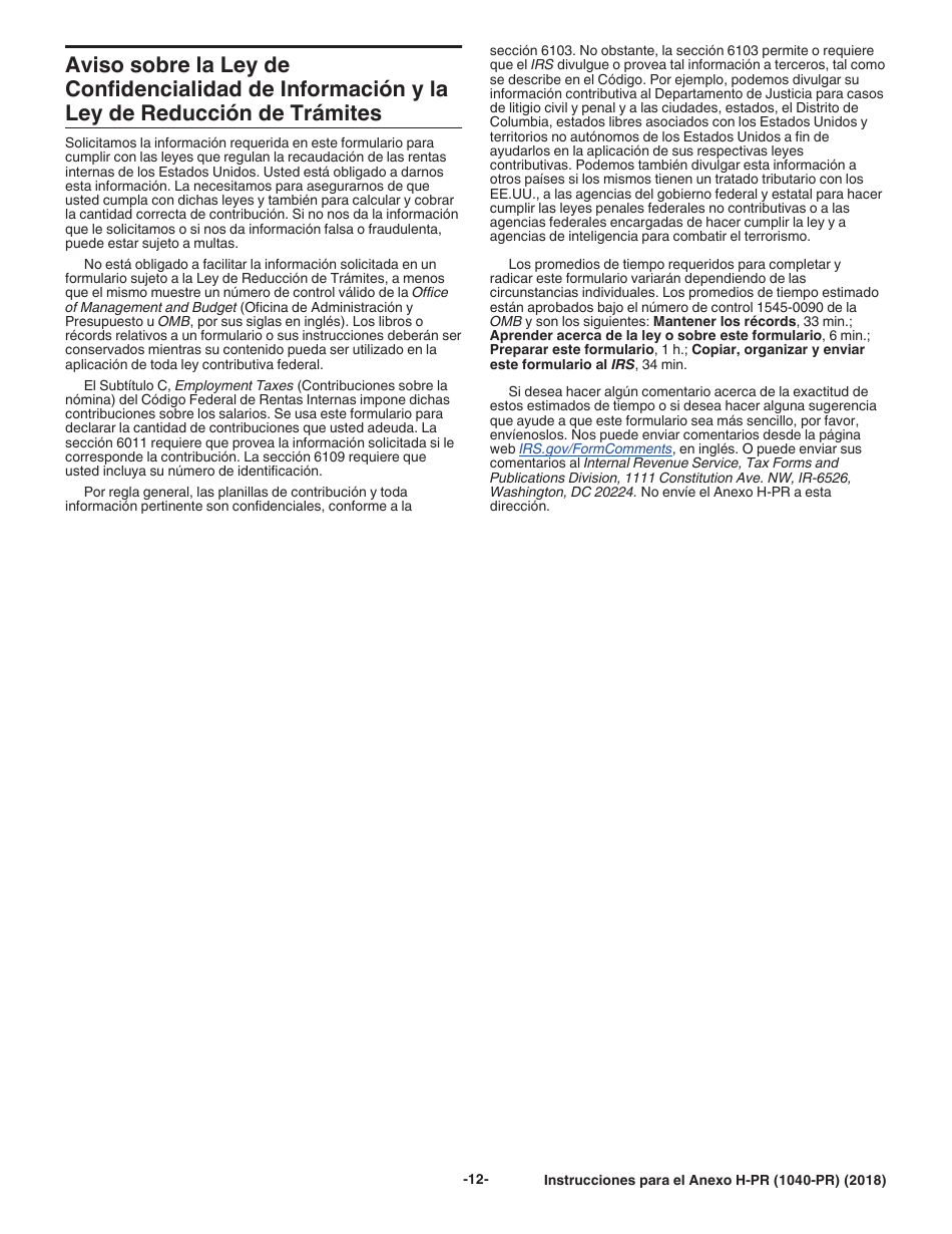 Instrucciones para IRS Formulario 1040-PR Anexo H-PR Contribuciones Sobre El Empleo De Empleados Domesticos (Spanish), Page 12