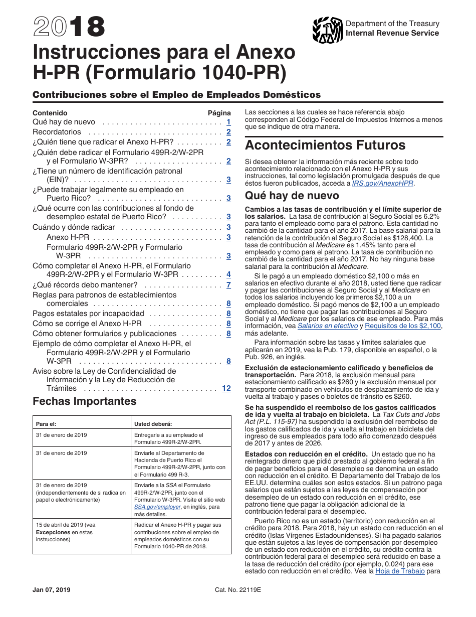 Instrucciones para IRS Formulario 1040-PR Anexo H-PR Contribuciones Sobre El Empleo De Empleados Domesticos (Spanish), Page 1