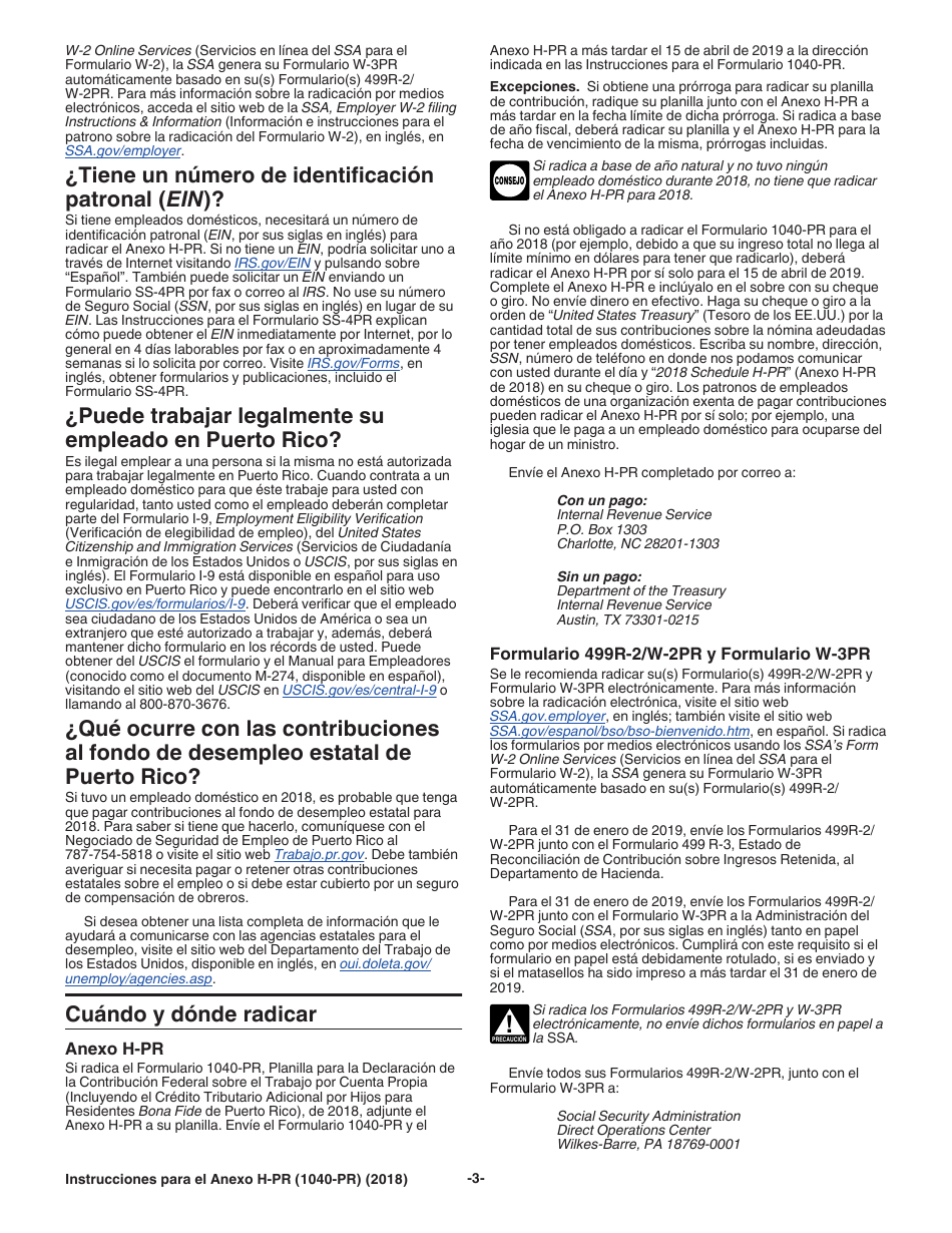 Instrucciones para IRS Formulario 1040-PR Anexo H-PR Contribuciones Sobre El Empleo De Empleados Domesticos (Spanish), Page 3