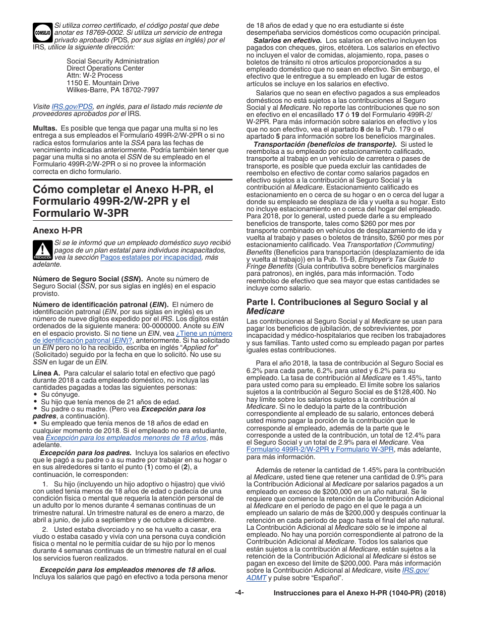 Instrucciones para IRS Formulario 1040-PR Anexo H-PR Contribuciones Sobre El Empleo De Empleados Domesticos (Spanish), Page 4