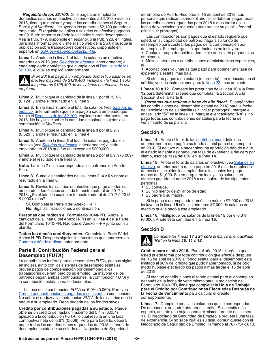 Instrucciones para IRS Formulario 1040-PR Anexo H-PR Contribuciones Sobre El Empleo De Empleados Domesticos (Spanish), Page 5