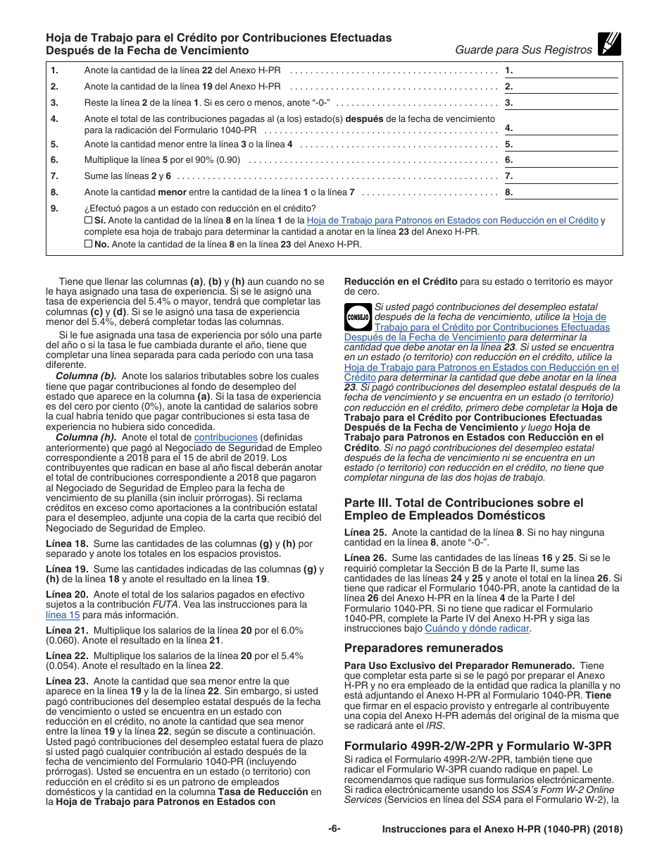 Instrucciones para IRS Formulario 1040-PR Anexo H-PR Contribuciones Sobre El Empleo De Empleados Domesticos (Spanish), Page 6