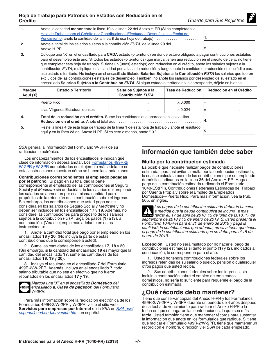 Instrucciones para IRS Formulario 1040-PR Anexo H-PR Contribuciones Sobre El Empleo De Empleados Domesticos (Spanish), Page 7