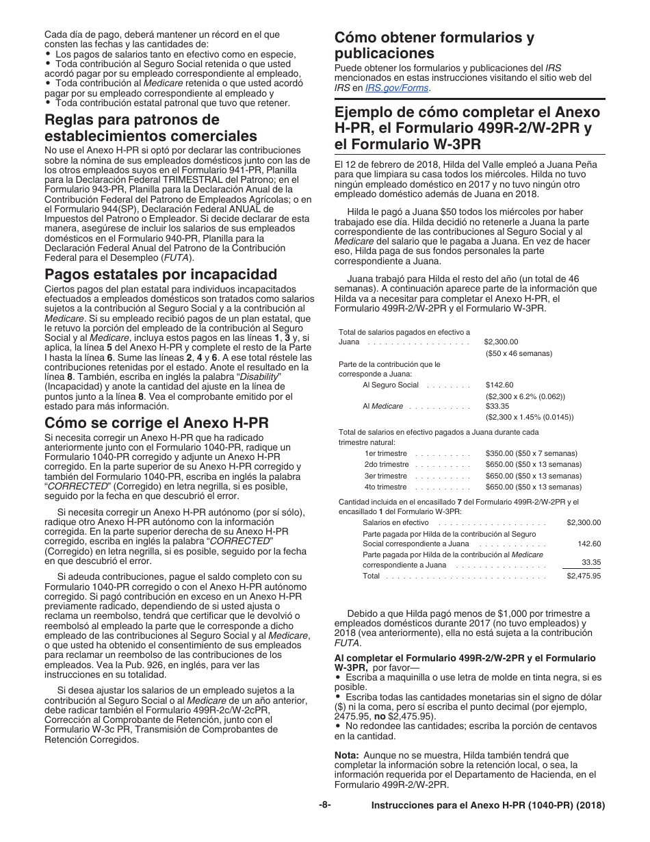 Instrucciones para IRS Formulario 1040-PR Anexo H-PR Contribuciones Sobre El Empleo De Empleados Domesticos (Spanish), Page 8