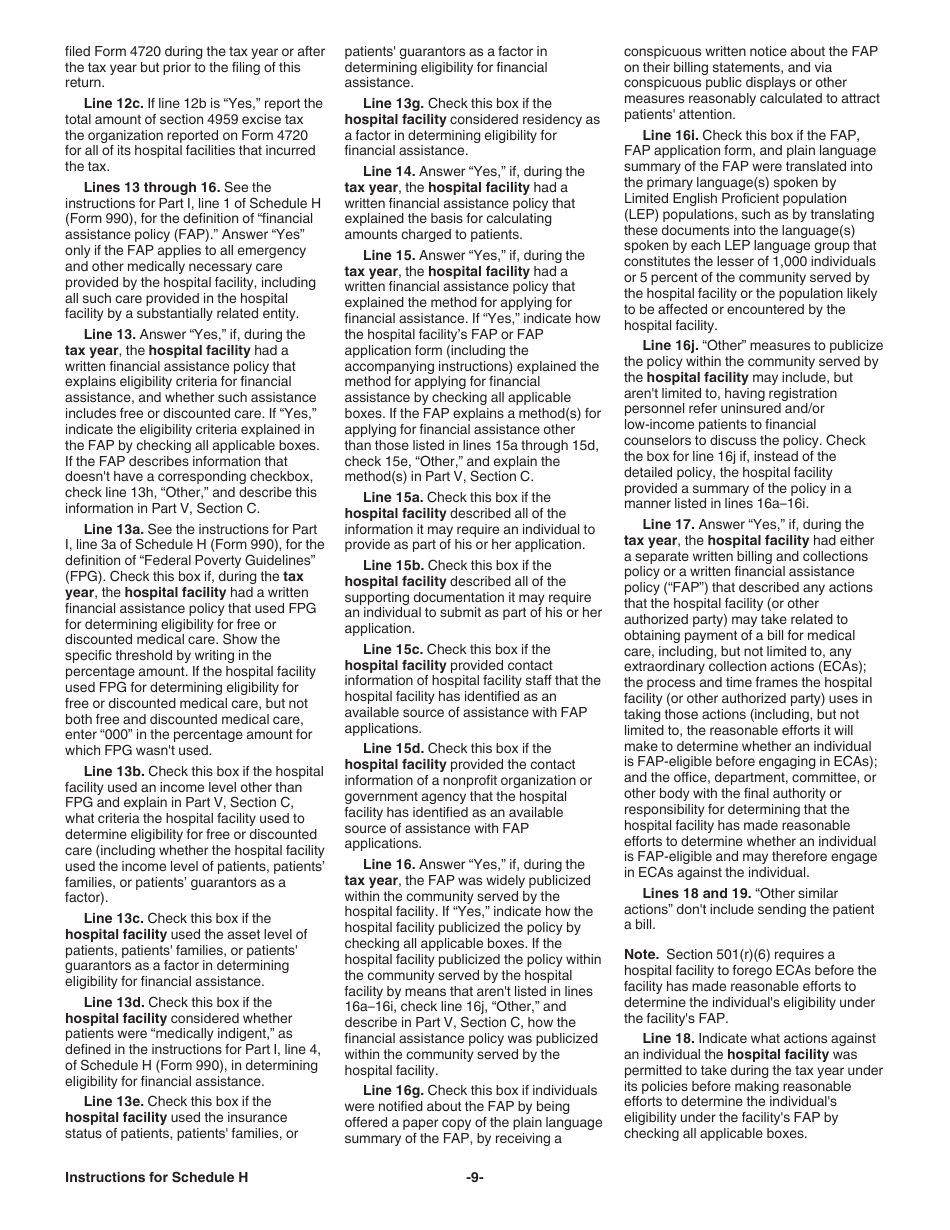 Instructions for IRS Form 990 Schedule H Return of Organization Exempt From Income Tax for Hospitals, Page 9