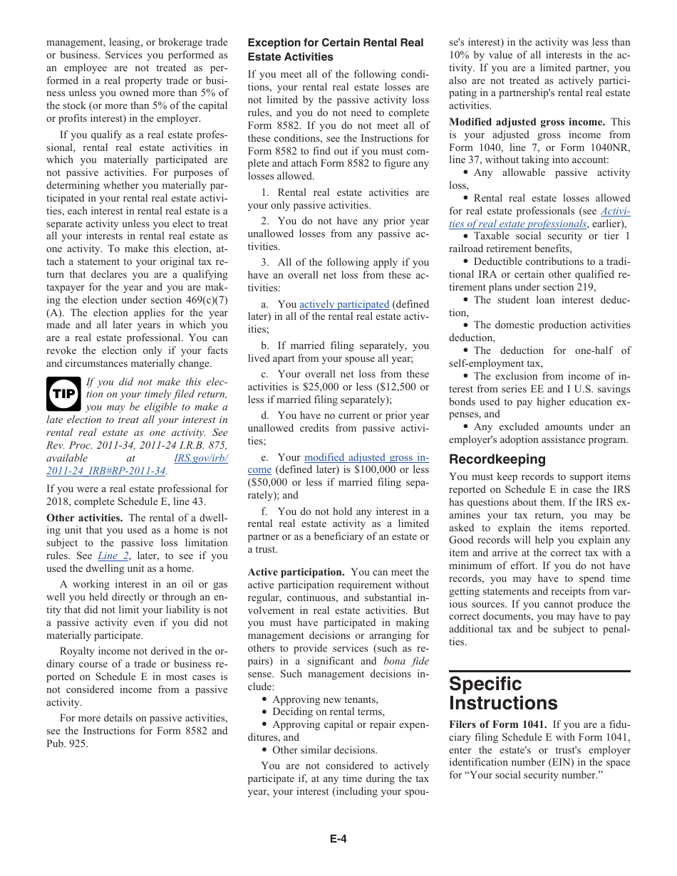 Instructions for IRS Form 1040 Schedule E Supplemental Income and Loss, Page 4