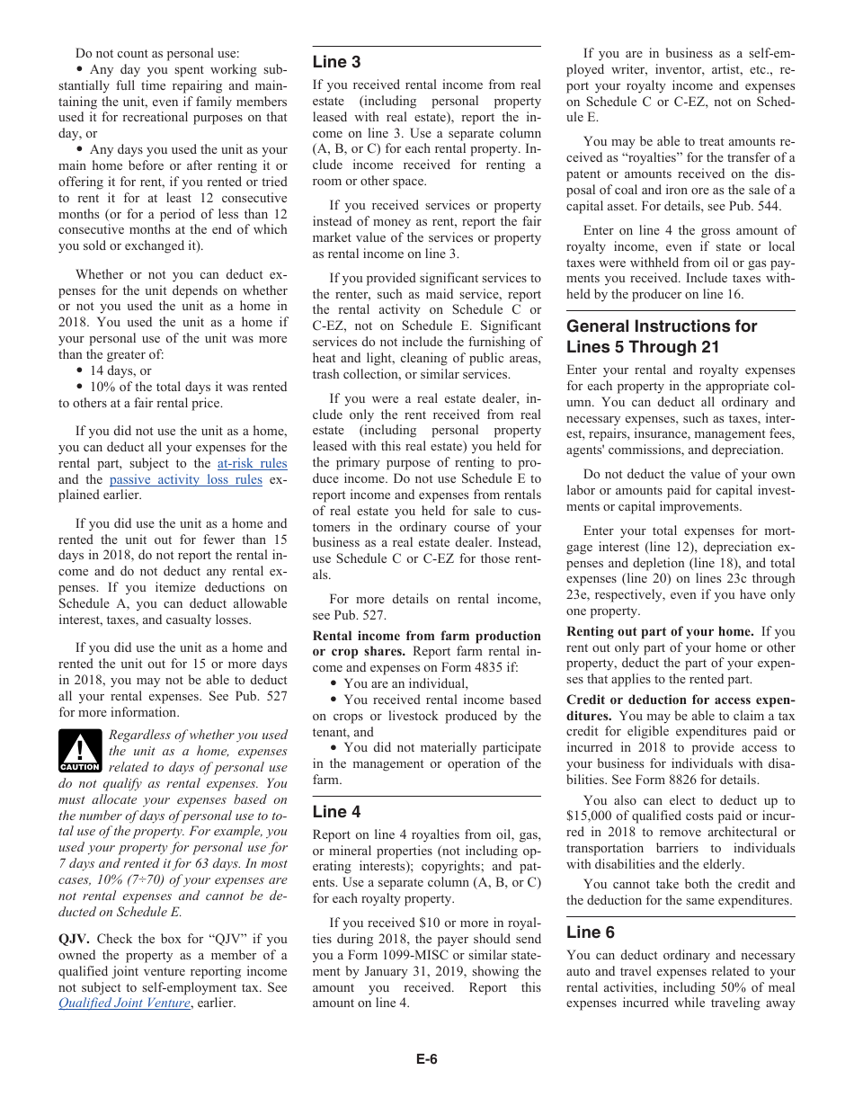 Instructions for IRS Form 1040 Schedule E Supplemental Income and Loss, Page 6