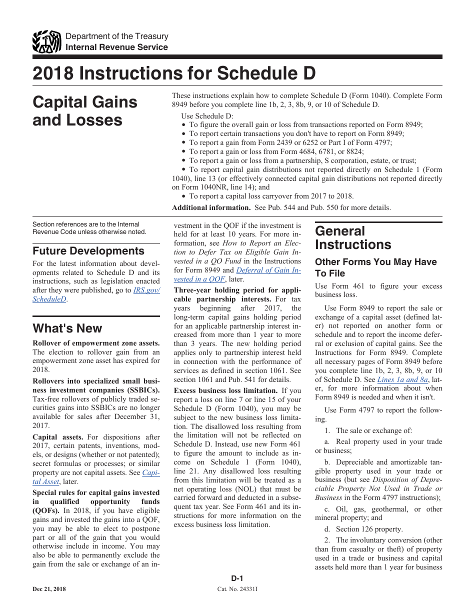 Download Instructions for IRS Form 1040 Schedule D Capital Gains and Losses PDF, 2018