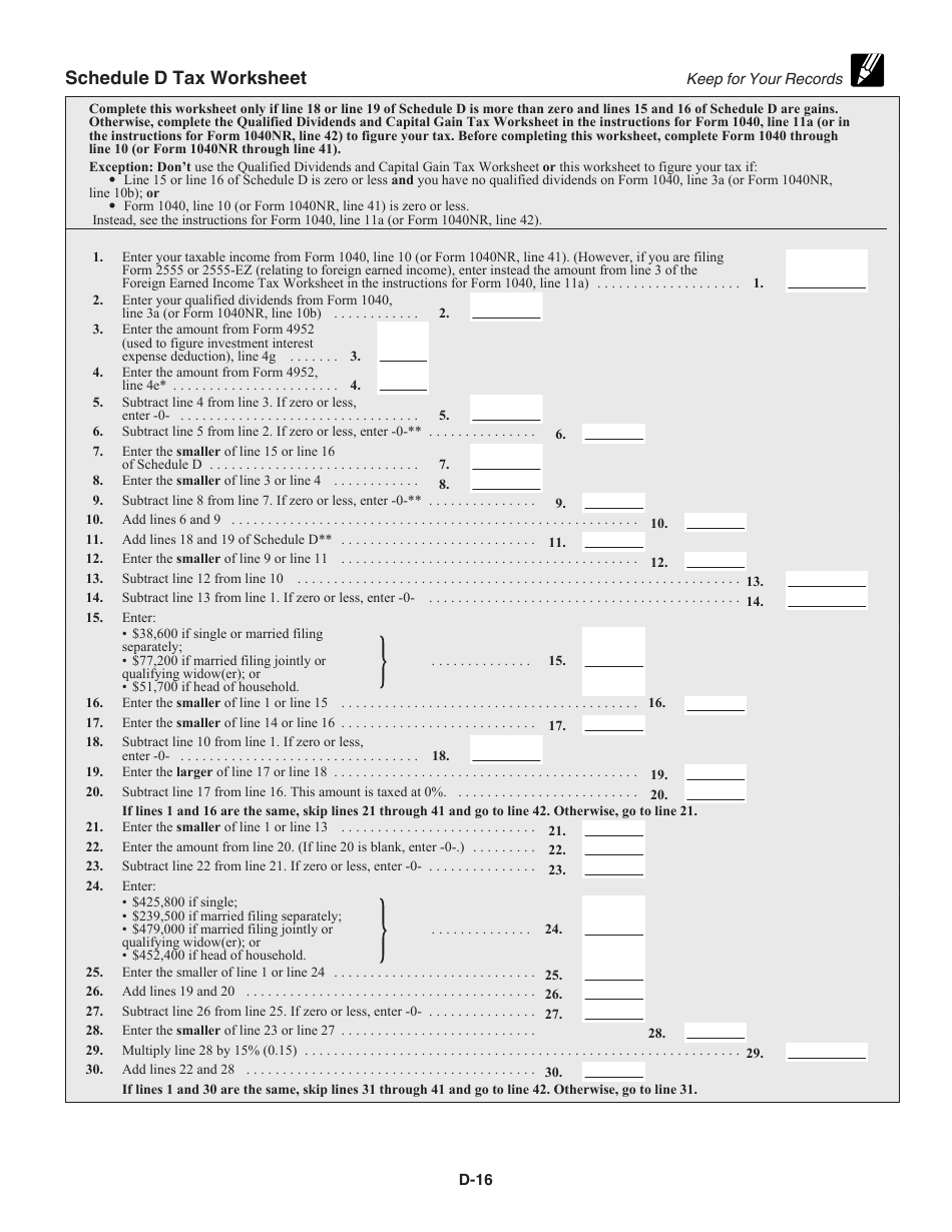 Instructions for IRS Form 1040 Schedule D Capital Gains and Losses, Page 16