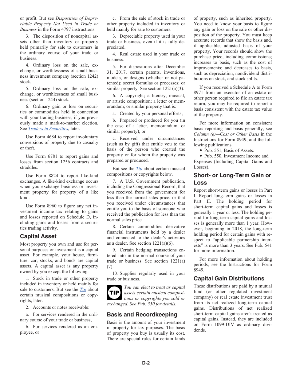 Instructions for IRS Form 1040 Schedule D Capital Gains and Losses, Page 2