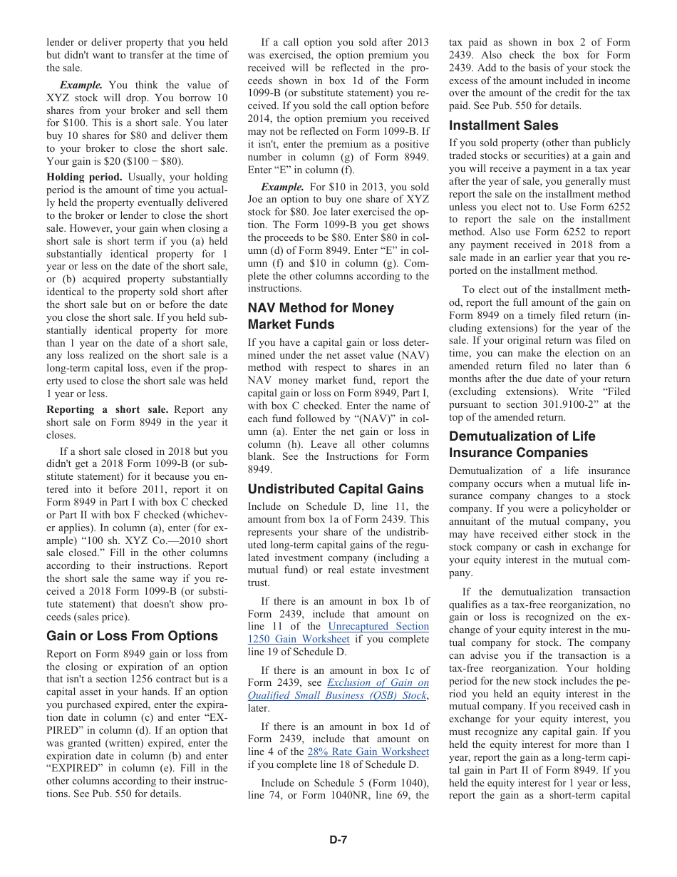 Instructions for IRS Form 1040 Schedule D Capital Gains and Losses, Page 7