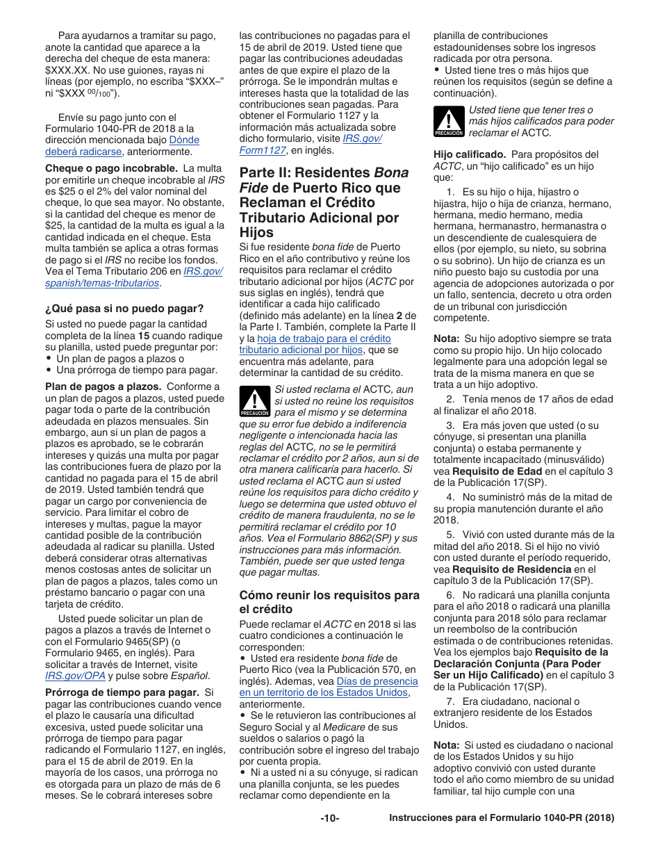 Instrucciones para IRS Formulario 1040-PR Planilla Para La Declaracion De La Contribucion Federal Sobre El Trabajo Por Cuenta Propia (Incluyendo El Credito Tributario Adicional Por Hijos Para Residentes Bona Fide De Puerto Rico) (Spanish), Page 10
