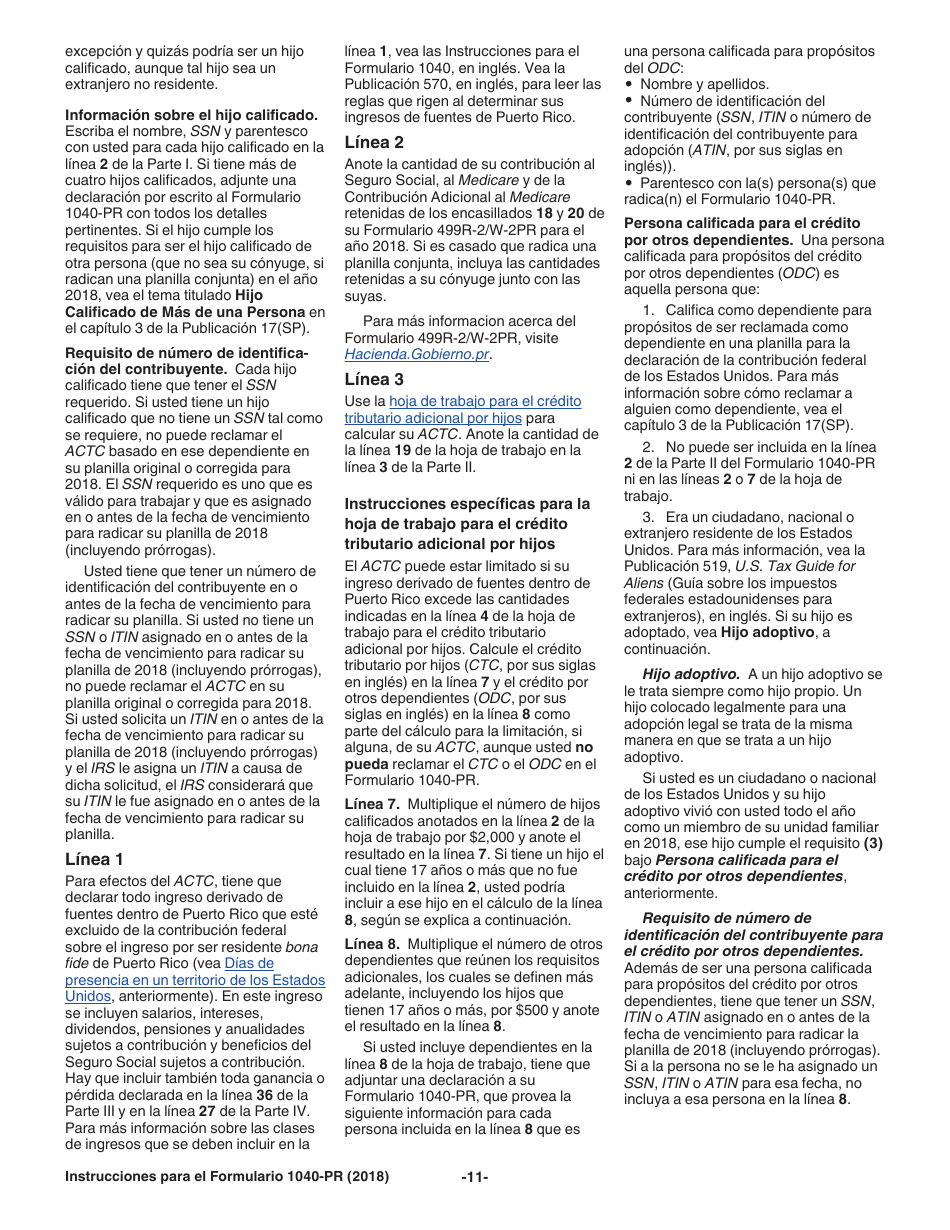 Instrucciones para IRS Formulario 1040-PR Planilla Para La Declaracion De La Contribucion Federal Sobre El Trabajo Por Cuenta Propia (Incluyendo El Credito Tributario Adicional Por Hijos Para Residentes Bona Fide De Puerto Rico) (Spanish), Page 11