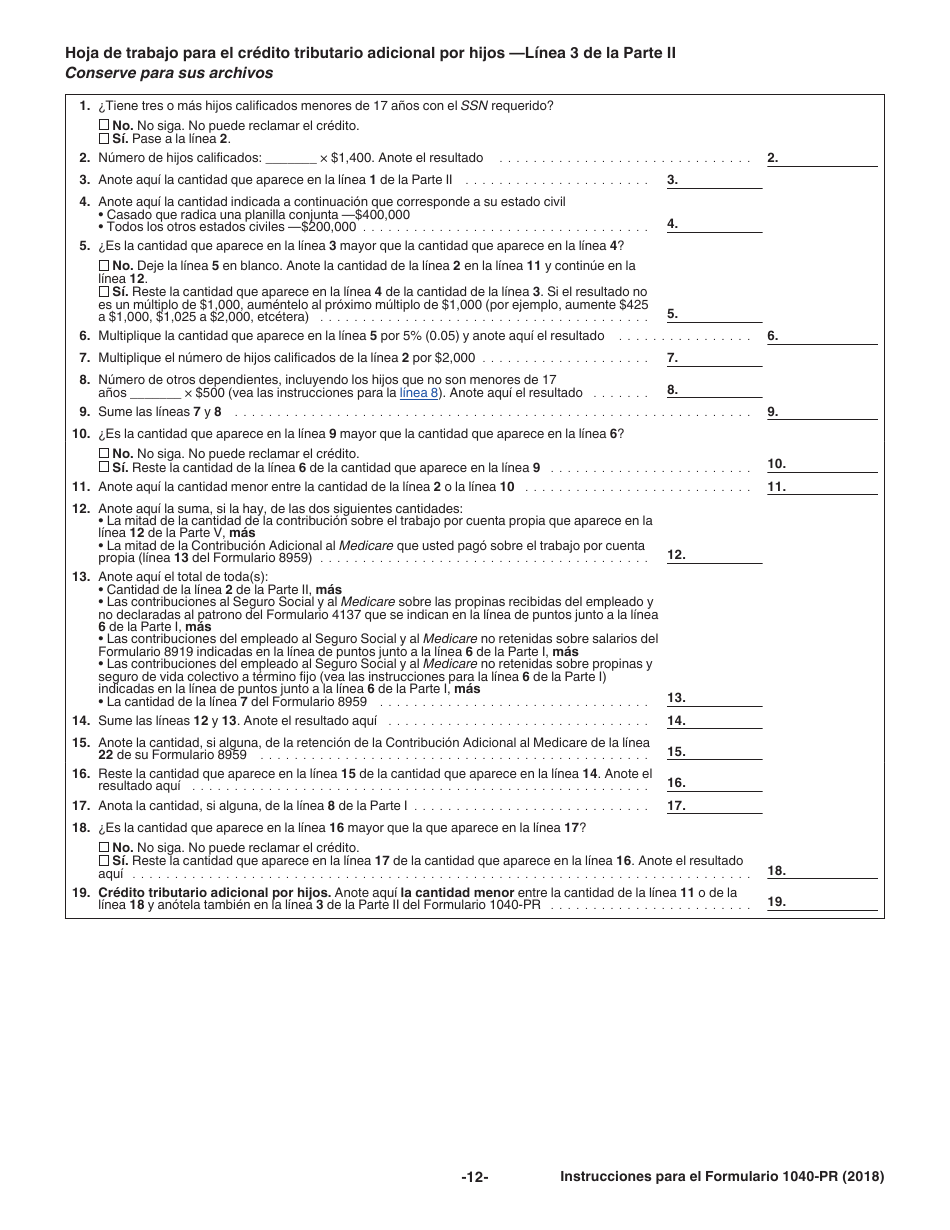 Instrucciones para IRS Formulario 1040-PR Planilla Para La Declaracion De La Contribucion Federal Sobre El Trabajo Por Cuenta Propia (Incluyendo El Credito Tributario Adicional Por Hijos Para Residentes Bona Fide De Puerto Rico) (Spanish), Page 12