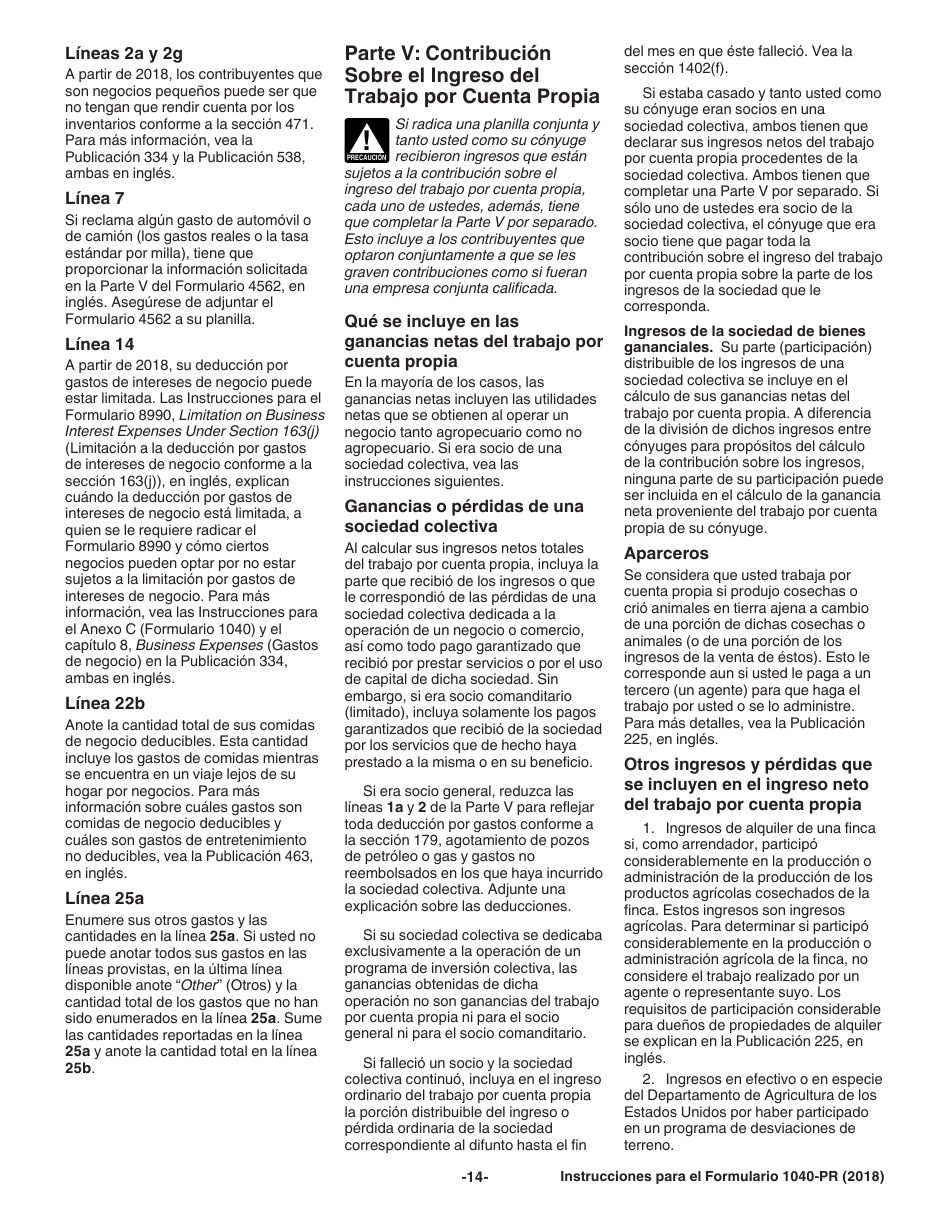 Instrucciones para IRS Formulario 1040-PR Planilla Para La Declaracion De La Contribucion Federal Sobre El Trabajo Por Cuenta Propia (Incluyendo El Credito Tributario Adicional Por Hijos Para Residentes Bona Fide De Puerto Rico) (Spanish), Page 14