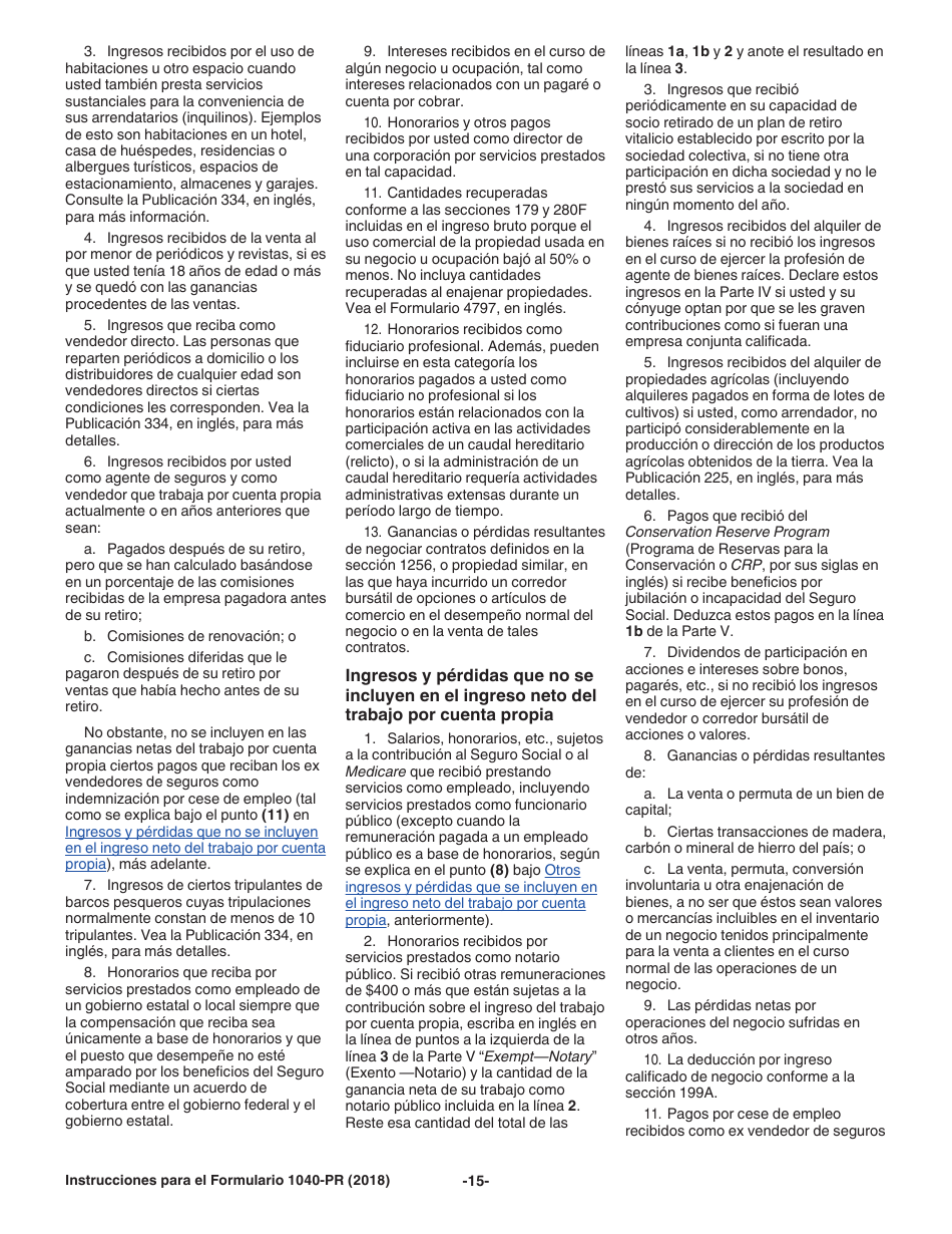 Instrucciones para IRS Formulario 1040-PR Planilla Para La Declaracion De La Contribucion Federal Sobre El Trabajo Por Cuenta Propia (Incluyendo El Credito Tributario Adicional Por Hijos Para Residentes Bona Fide De Puerto Rico) (Spanish), Page 15