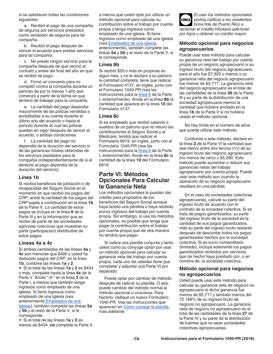 Instrucciones para IRS Formulario 1040-PR Planilla Para La Declaracion De La Contribucion Federal Sobre El Trabajo Por Cuenta Propia (Incluyendo El Credito Tributario Adicional Por Hijos Para Residentes Bona Fide De Puerto Rico) (Spanish), Page 16