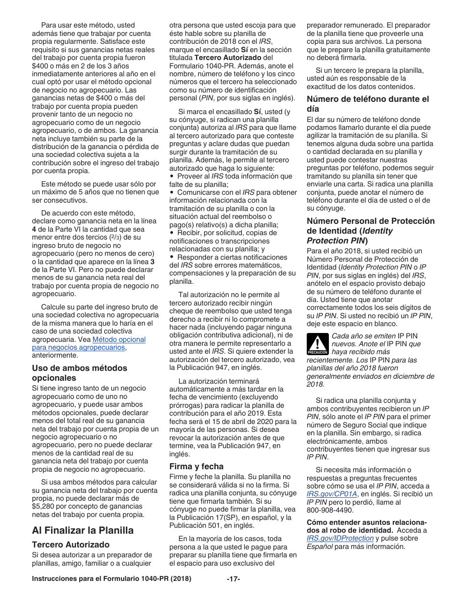 Instrucciones para IRS Formulario 1040-PR Planilla Para La Declaracion De La Contribucion Federal Sobre El Trabajo Por Cuenta Propia (Incluyendo El Credito Tributario Adicional Por Hijos Para Residentes Bona Fide De Puerto Rico) (Spanish), Page 17
