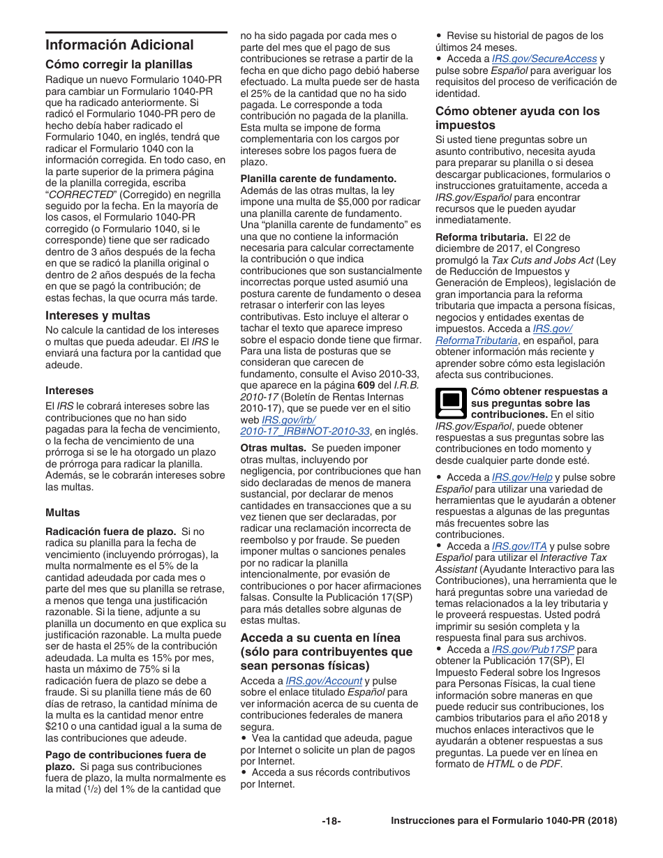 Instrucciones para IRS Formulario 1040-PR Planilla Para La Declaracion De La Contribucion Federal Sobre El Trabajo Por Cuenta Propia (Incluyendo El Credito Tributario Adicional Por Hijos Para Residentes Bona Fide De Puerto Rico) (Spanish), Page 18