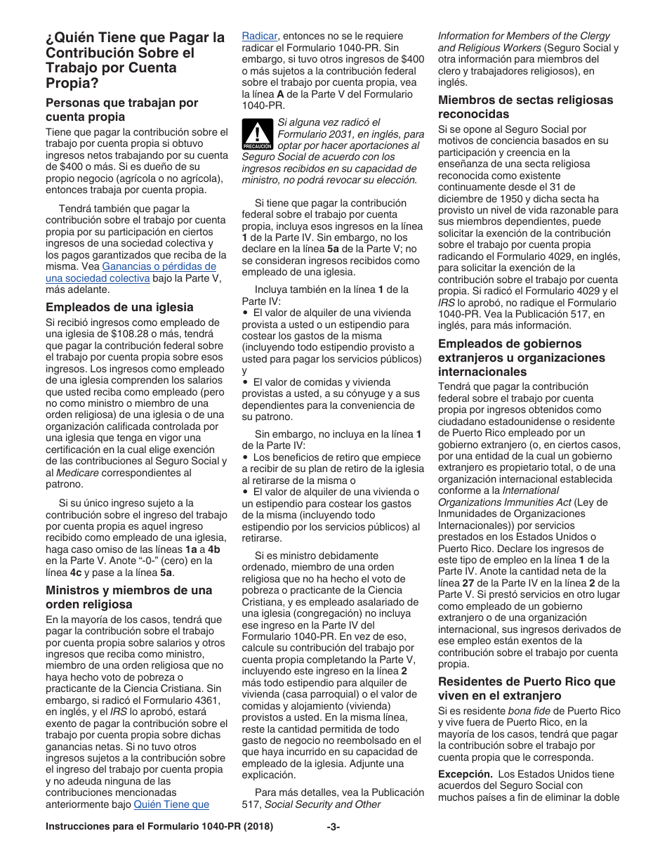 Instrucciones para IRS Formulario 1040-PR Planilla Para La Declaracion De La Contribucion Federal Sobre El Trabajo Por Cuenta Propia (Incluyendo El Credito Tributario Adicional Por Hijos Para Residentes Bona Fide De Puerto Rico) (Spanish), Page 3