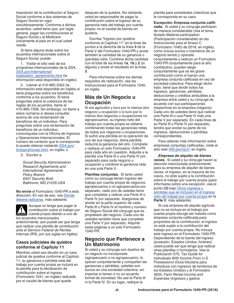 Instrucciones para IRS Formulario 1040-PR Planilla Para La Declaracion De La Contribucion Federal Sobre El Trabajo Por Cuenta Propia (Incluyendo El Credito Tributario Adicional Por Hijos Para Residentes Bona Fide De Puerto Rico) (Spanish), Page 4