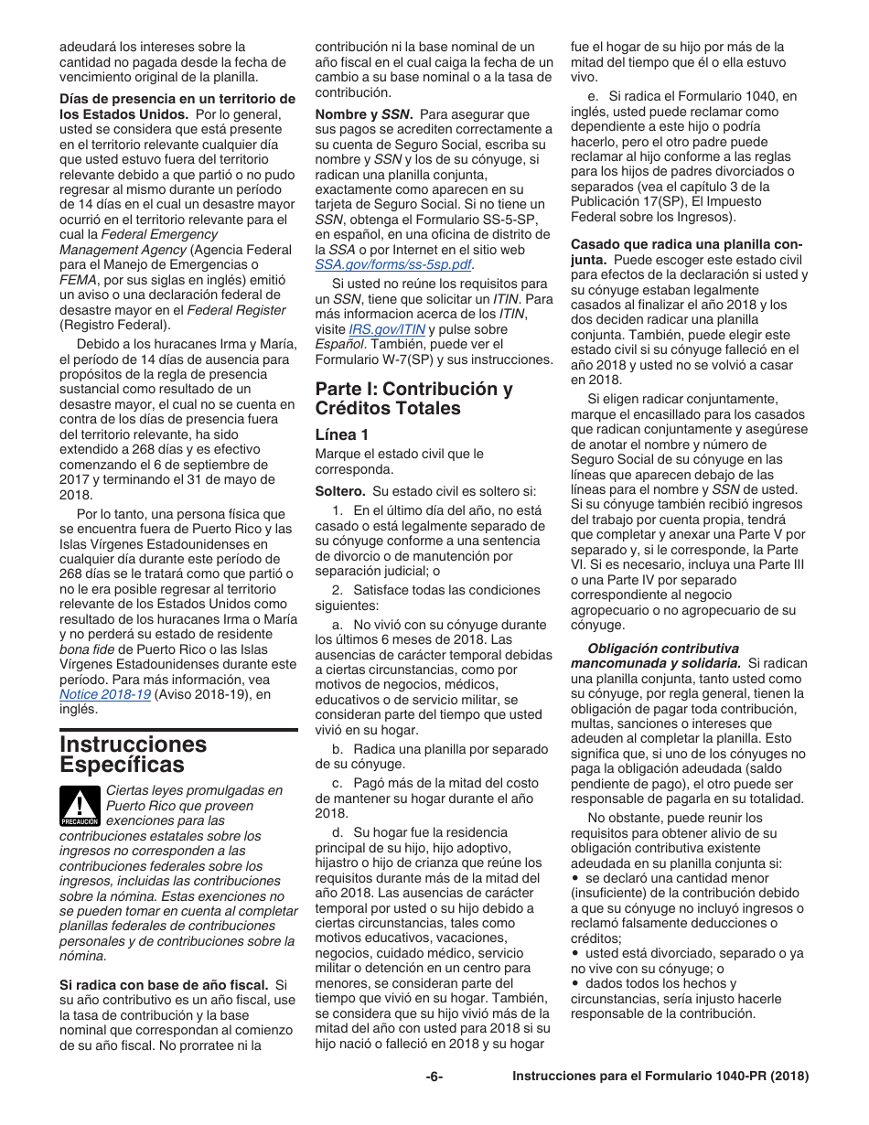 Instrucciones para IRS Formulario 1040-PR Planilla Para La Declaracion De La Contribucion Federal Sobre El Trabajo Por Cuenta Propia (Incluyendo El Credito Tributario Adicional Por Hijos Para Residentes Bona Fide De Puerto Rico) (Spanish), Page 6