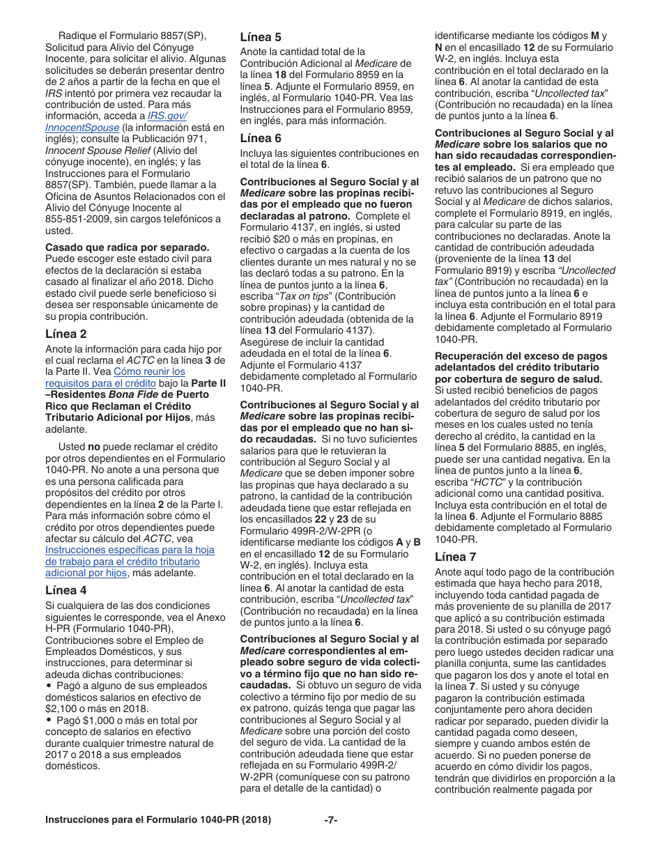 Instrucciones para IRS Formulario 1040-PR Planilla Para La Declaracion De La Contribucion Federal Sobre El Trabajo Por Cuenta Propia (Incluyendo El Credito Tributario Adicional Por Hijos Para Residentes Bona Fide De Puerto Rico) (Spanish), Page 7