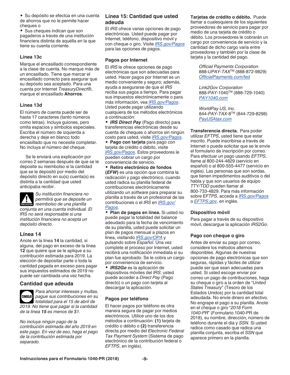 Instrucciones para IRS Formulario 1040-PR Planilla Para La Declaracion De La Contribucion Federal Sobre El Trabajo Por Cuenta Propia (Incluyendo El Credito Tributario Adicional Por Hijos Para Residentes Bona Fide De Puerto Rico) (Spanish), Page 9