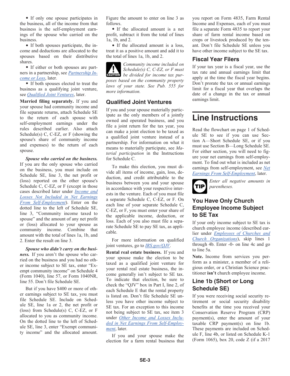 Instructions for IRS Form 1040 Schedule SE Self-employment Tax, Page 3