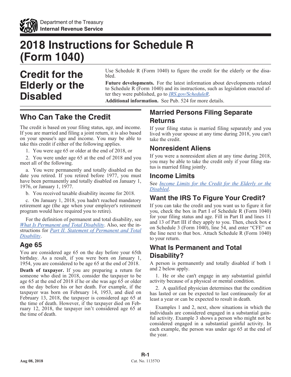 Instructions for IRS Form 1040 Schedule R Credit for the Elderly or the Disabled, Page 1