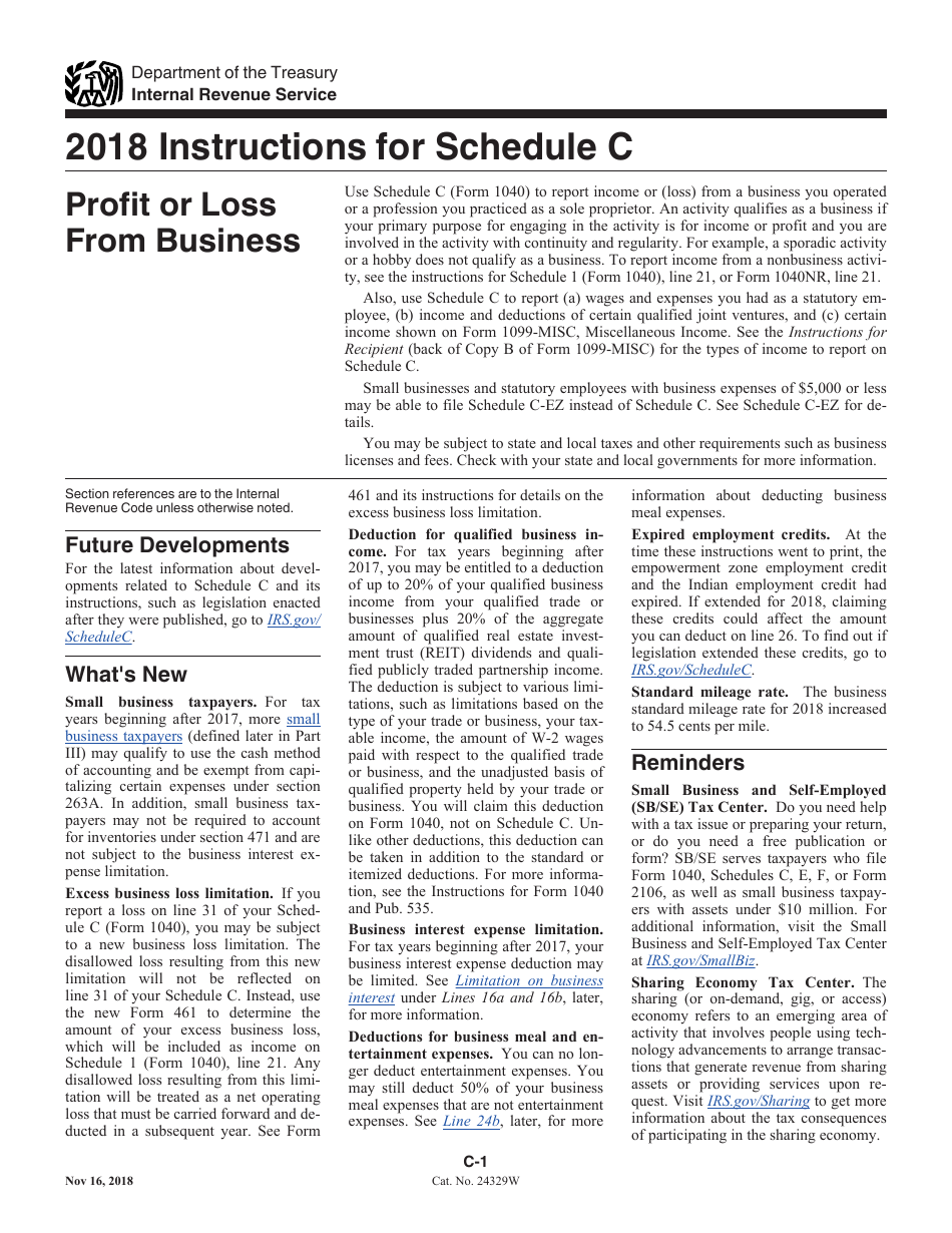 Instructions for IRS Form 1040 Schedule C Profit or Loss From Business (Sole Proprietorship), Page 1