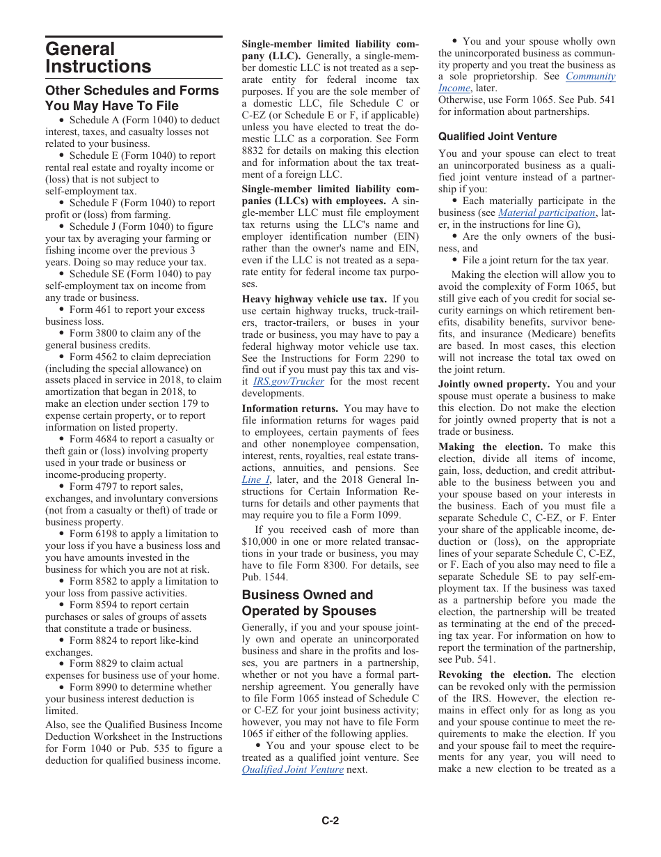 Instructions for IRS Form 1040 Schedule C Profit or Loss From Business (Sole Proprietorship), Page 2