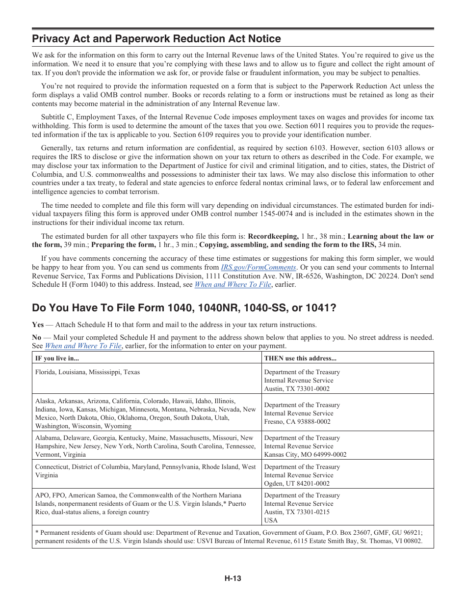 Instructions for IRS Form 1040 Schedule H Household Employment Taxes, Page 13