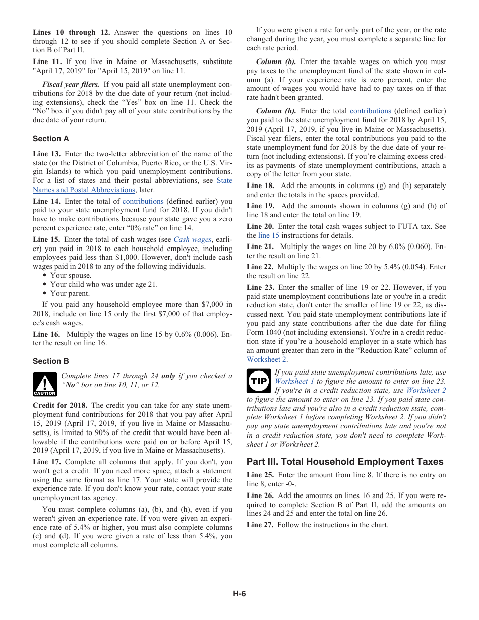 Instructions for IRS Form 1040 Schedule H Household Employment Taxes, Page 6