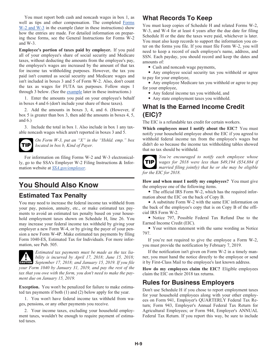 Instructions for IRS Form 1040 Schedule H Household Employment Taxes, Page 9