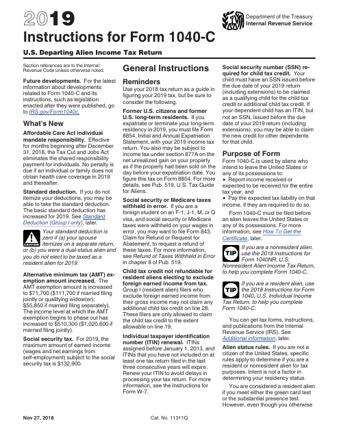 Instructions For Irs Form 1040 C Us Departing Alien Income Tax
