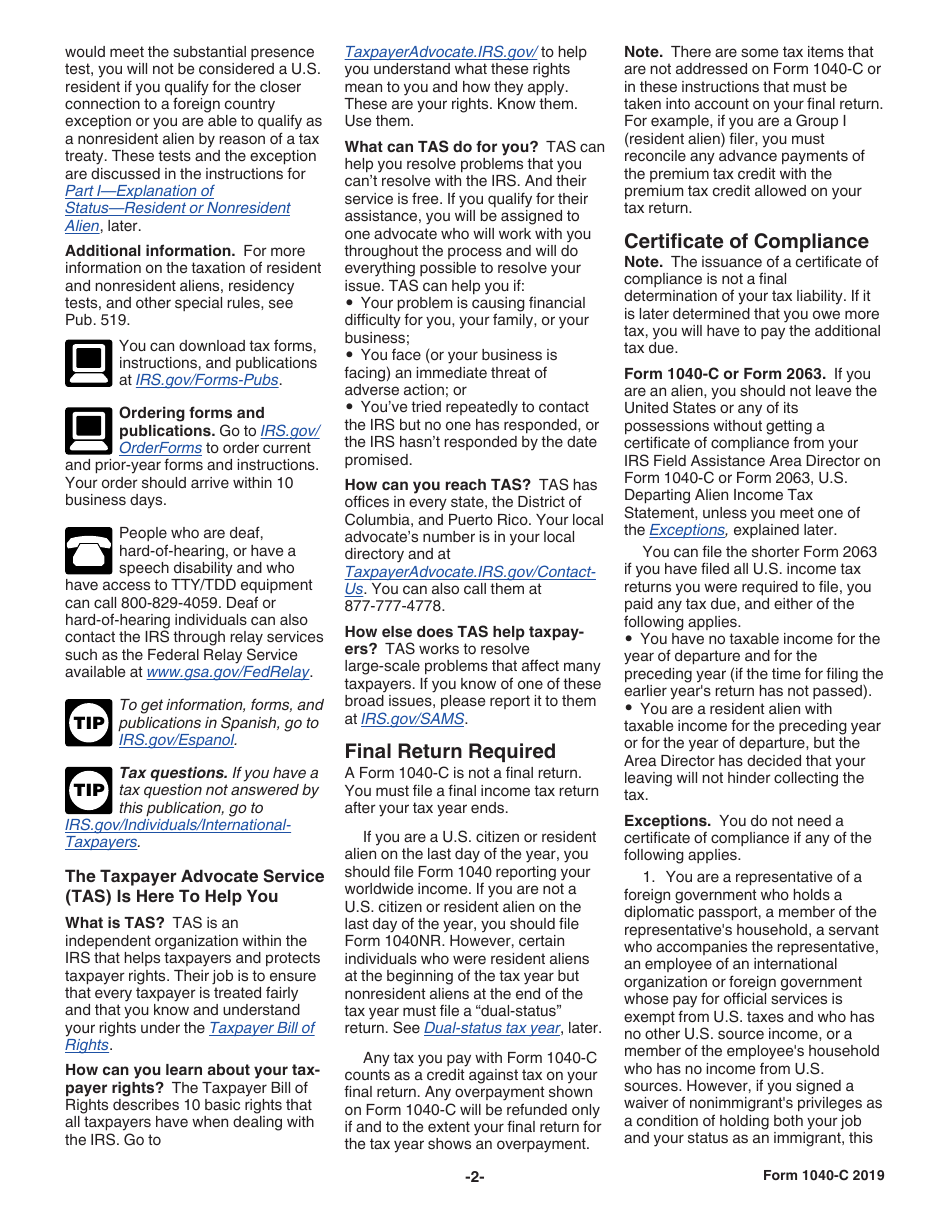 Instructions for IRS Form 1040-C U.S. Departing Alien Income Tax Return, Page 2