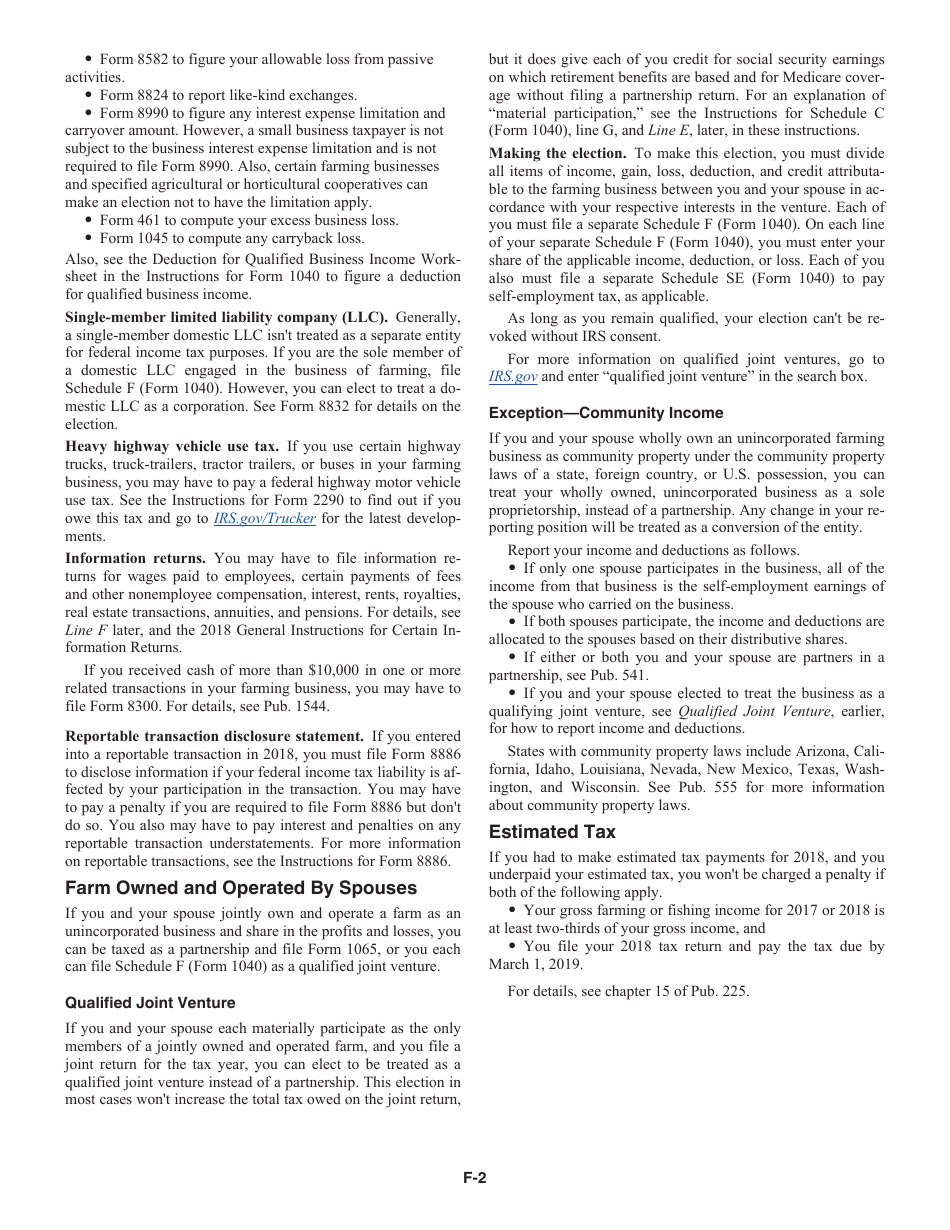 Download Instructions For Irs Form 1040 Schedule F Profit Or Loss From Farming Pdf 2018