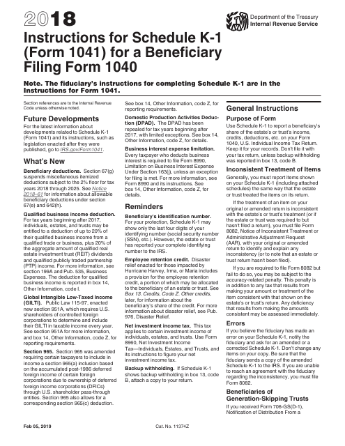 IRS Form 1041 Schedule K-1 2018 Printable Pdf